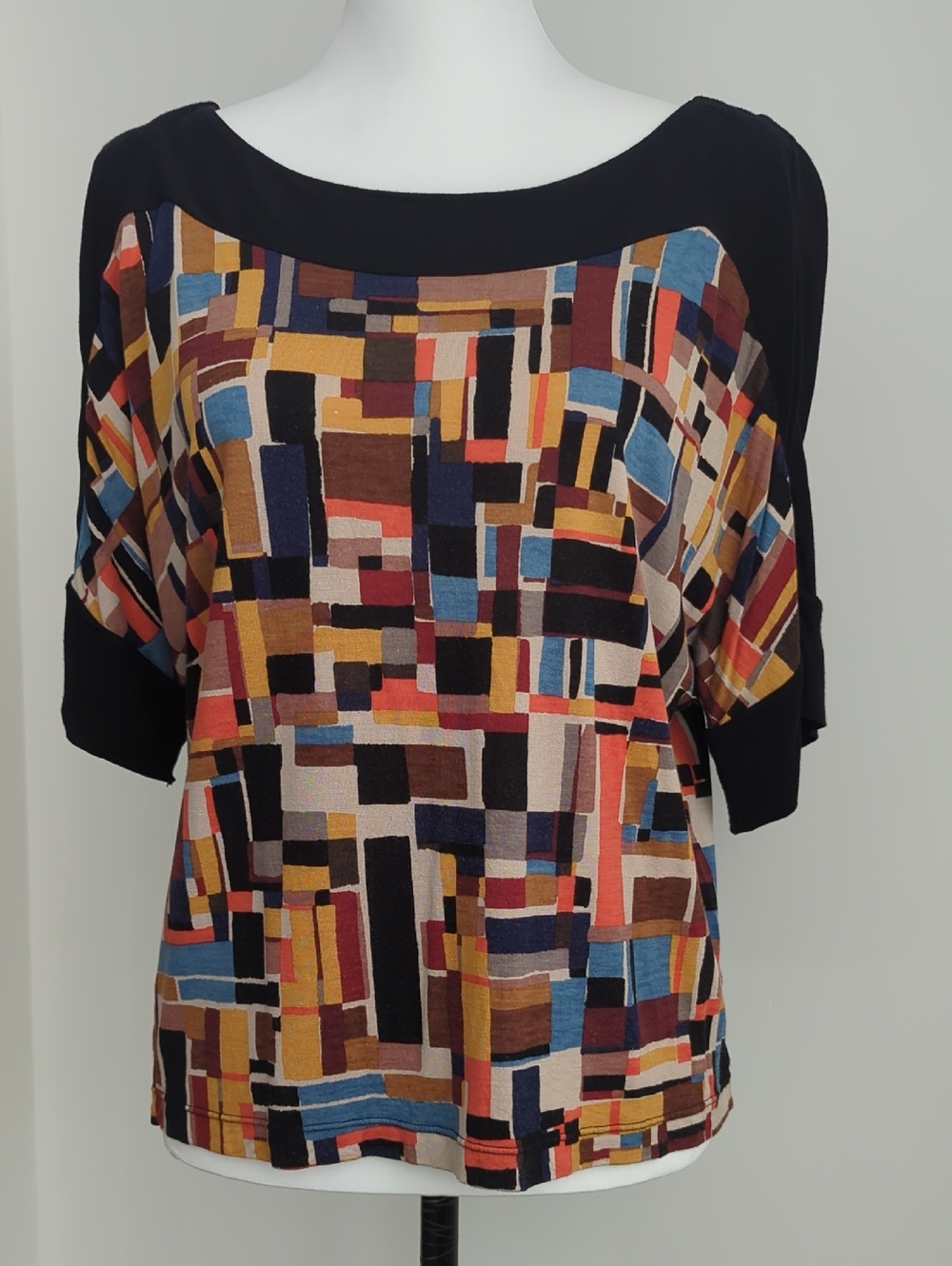 French Connection Geometric Boatneck Colorblock Dolman Top Blouse LARGE